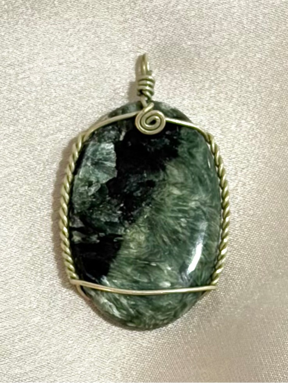 Green Seraphinite Oval Pendant with Silver Wire Wrap Vintage Handcrafted Artisan